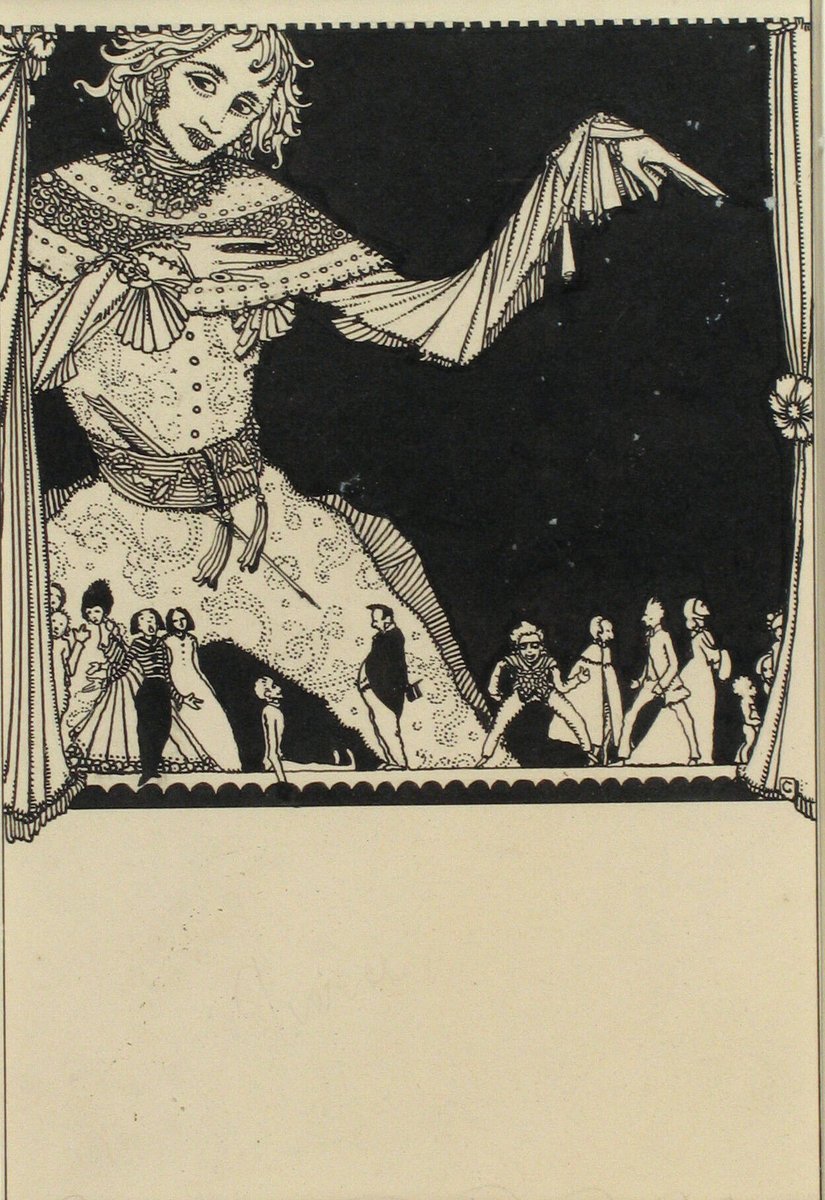 TheHughLane's tweet photo. 'Book Design (Lennox Robinson plays)'~ Harry Clarke  (1889 -1931)

A tall elongated figure to the left of the drawing dominates a row of small figures. There are curtains to either side. The effect is of a puppet theatre. This is a design for the cover of Lennox Robinson's plays. https://t.co/E6IjWgunH2