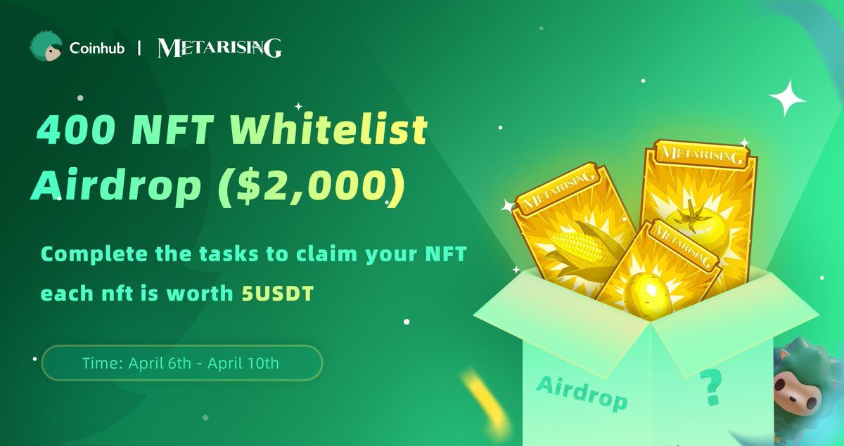 Coinhub_Wallet's tweet photo. 🤩#CoinhubWallet &amp; @playmetarising 400 #NFT #Whitelist  #Airdrop 
🎁Total value 2000 #USDT (Each worth 5U）
⏰April 6-10 (UTC+8)

Rules
✅RT + Like + Tag 3 friends
✅Follow @Coinhub_Wallet &amp; @playmetarising 
✅Fill out the gleam: https://t.co/nJQDyrH92C

#Metaverse #P2E #GameFi https://t.co/8rZb1LIAPH