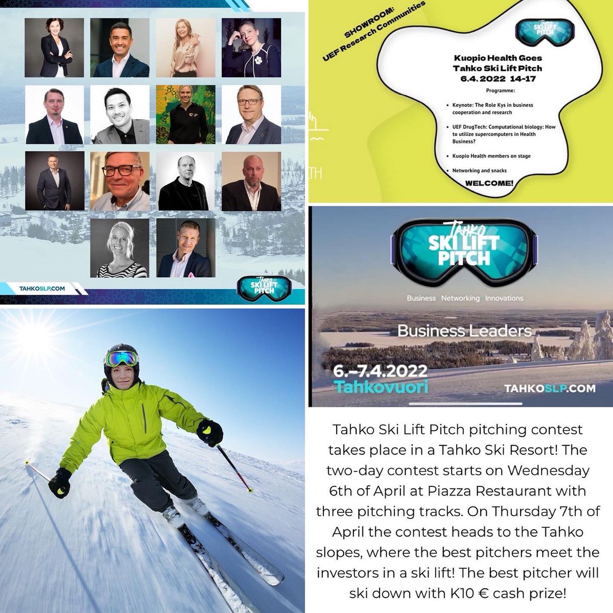 «Tahko Ski Lift Pitch 🚠» contest takes place at a #Tahko Ski Resort! On 7/4/22 the contest heads to the slopes, where the pitchers meet the #investors in a ski lift! The best pitcher will ski down with 10k€ cash prize! Looking forward to judging these #pitches 
📸: #tahkoslp