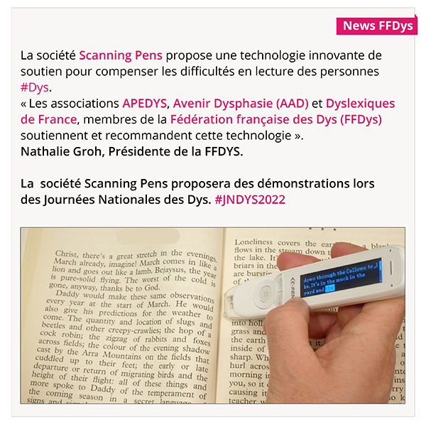 FFDysfrance's tweet photo. "#APEDYS, @AADFrance  et Dyslexiques De France membres de @FFDysfrance soutiennent et recommandent cette technologie."
Nathalie Groh Présidente #FFDYS.
🖋📘⚙️📌@ScanningPens proposera des démonstrations lors des Journées Nationales des Dys. #JNDYS2022
👉 https://t.co/FWiOgS1mb9 https://t.co/VpbJdFhza2