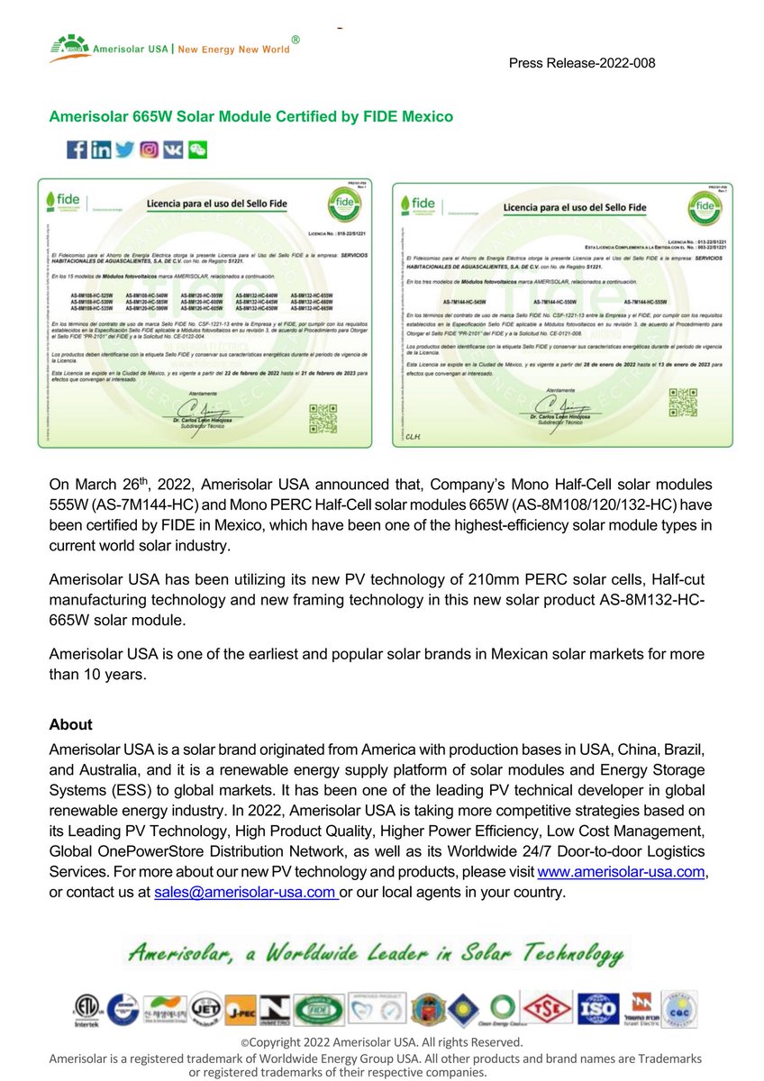 tinalt220's tweet photo. Amerisolar 665w solar module certified by FIDE Mexico 👇

* New PV technology of 210mm PERC solar cells
* New framing technology

#amerisolar #solarmodule #solarpanels #pv #technology #solarenergy https://t.co/WipoKPe7Ig