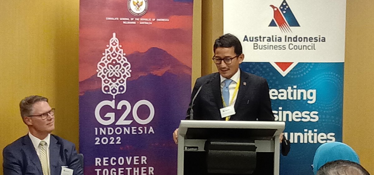 IndonesiaAust's tweet photo. Indonesia's Minister for Tourism and Creative Economy, Dr Sandiaga Uno tells the Australia Indonesia Business Council in Melbourne that this is his first Ministerial working visit abroad and his selection of Australia as his destination was personal approved by President Jokowi. https://t.co/ND4JMgpmkR