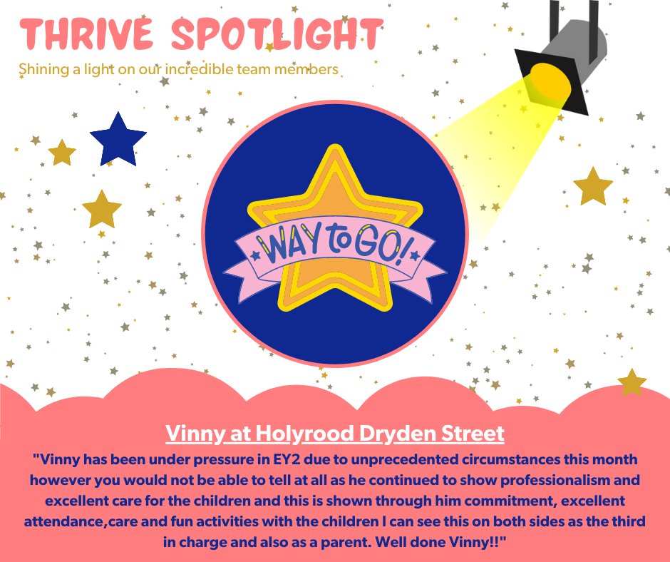 Spotlight nominations for some of our amazing team members... Dion and Vinny at Dryden Street and Amanda at Castleton, well done everyone! 
#teamthrive #thrivechildcare #holyroodnurseries