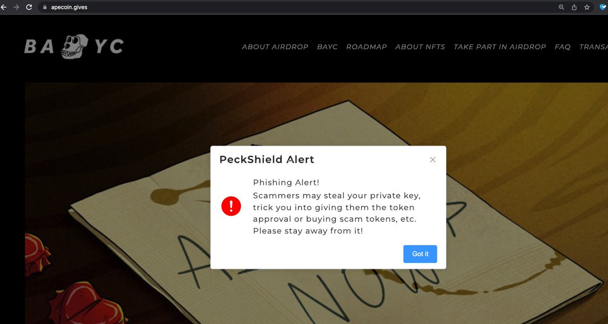 PeckShieldAlert's tweet photo. #PeckShieldAlert #Phishing #NFT Add "PeckShieldAlert" free extension to your Chrome browser to get real-time pop-up warnings when you visit phishing or impersonation websites. https://t.co/VG59iOWOra