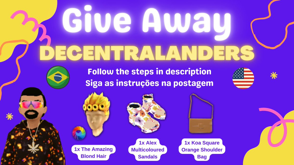Dr__MetaCode's tweet photo. 🚨#DECENTRALANDERS #GIVEAWAY🚨
1x EPIC Koa Square Orange Shoulder Bag(775/1000)
1x EPIC Alex Multicoloured Sandals(741/1000)
1x EPIC The Amazing Blond Hair @CodyDcl (100/1000)
1⃣FOLLOW
@Dr__MetaCode @BigMouthMeta @CodyDcl @d3centralanders
2⃣♥️LIKE&RT
3⃣TAG FRIENDS
🚨24HRS🚨 https://t.co/JDBbrO8WiG