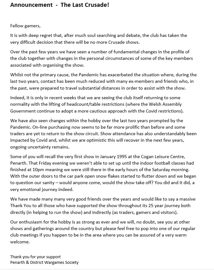 PenarthWargames's tweet photo. Well you may have seen rumours and some comments but this is the official future of Crusade Wargames Show update. If you have difficulty reading pop to our facebook page https://t.co/fjudISCVU5
#wargaming #wargames #wargamingshows #wargamesshows #pdws #crusadeshow https://t.co/uDeVrfqzZV