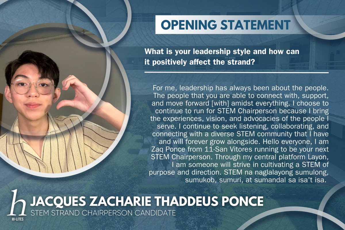 HiLitesASHS's tweet photo. Heads up, STEM juniors! 💙
ICYMI: Read the statements of the STEM Chair Candidate during the Miting de Avance held yesterday, April 5, 2022. (1/6)
#ASecondLook🔍
Pubmat by Andie Moreno and Justin Delas Armas https://t.co/x83SNF668E