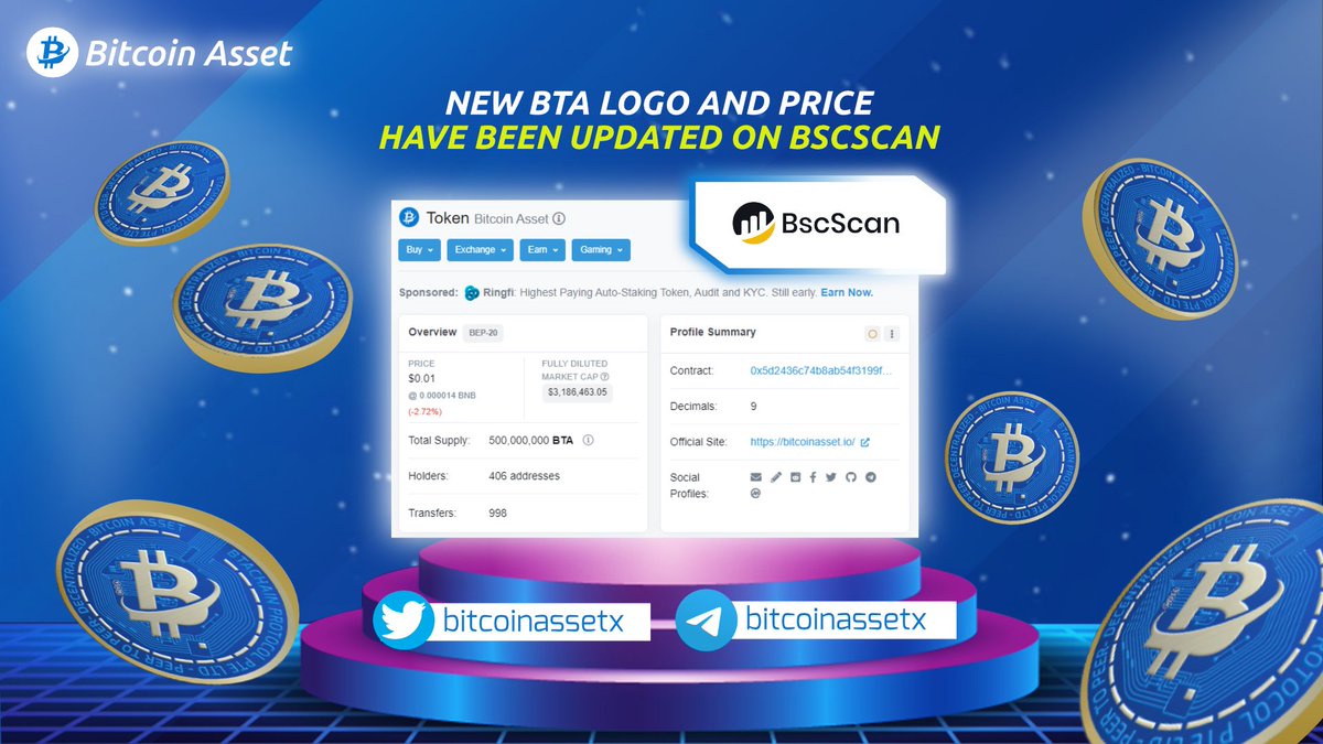 Bitcoinassetx's tweet photo. [NEWS!!]
Happy to announce that The logo and Price of the NEW BTA have been updated on @bscscan

#btachain #bitcoinasset https://t.co/eyYwnfWpUZ