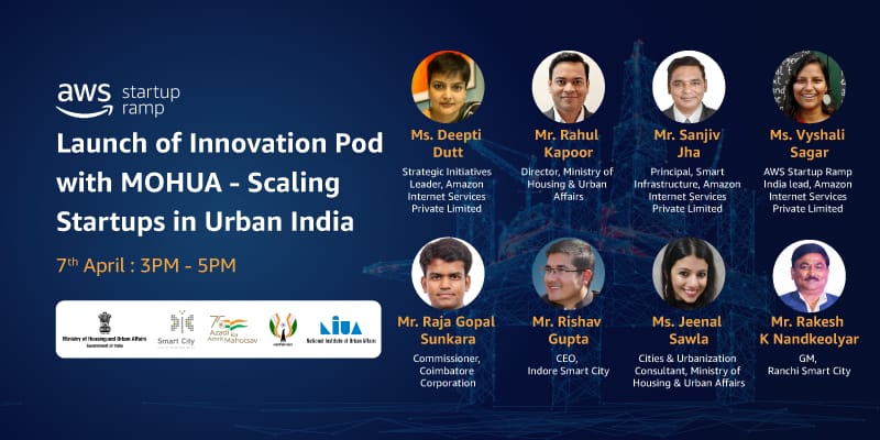 SmartCities_HUA's tweet photo. Smart Cities Mission is organising a webinar on 7th April at 3 PM on 'Launch of Innovation Pod' in collaboration with AWS. The innovation pod will boost scale-up and deploy startups in the urban domain.

Register here - https://t.co/0Sp3ZWvgGe https://t.co/6gAMbrThKB