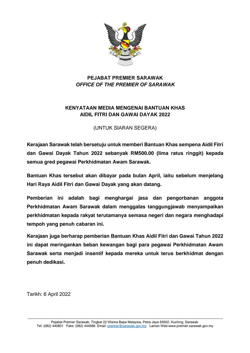 JapenSarawak's tweet photo. KENYATAAN MEDIA PEJABAT PREMIER SARAWAK MENGENAI BANTUAN KHAS AIDIL FITRI DAN GAWAI DAYAK 2022

#japensarawak #sodiakroks https://t.co/UUkT9zT130