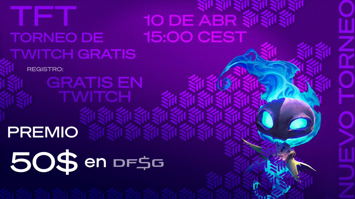 DFSocial_es's tweet photo. 🏆TORNEO DE TFT GRATUITO 🏆

🗓️ Fecha: Domingo 10 de Abril a las 15:00 CEST
📌 Lugar: https://t.co/u5eCvNamXj
🎙️ Caster: @s4mulegg  

🆓Los espectadores podrán apuntarse GRATIS durante la primera hora del show🆓 

¡Nos vemos allí, jugadores!

#DFSocial $DFSG https://t.co/SswfPkF3l0