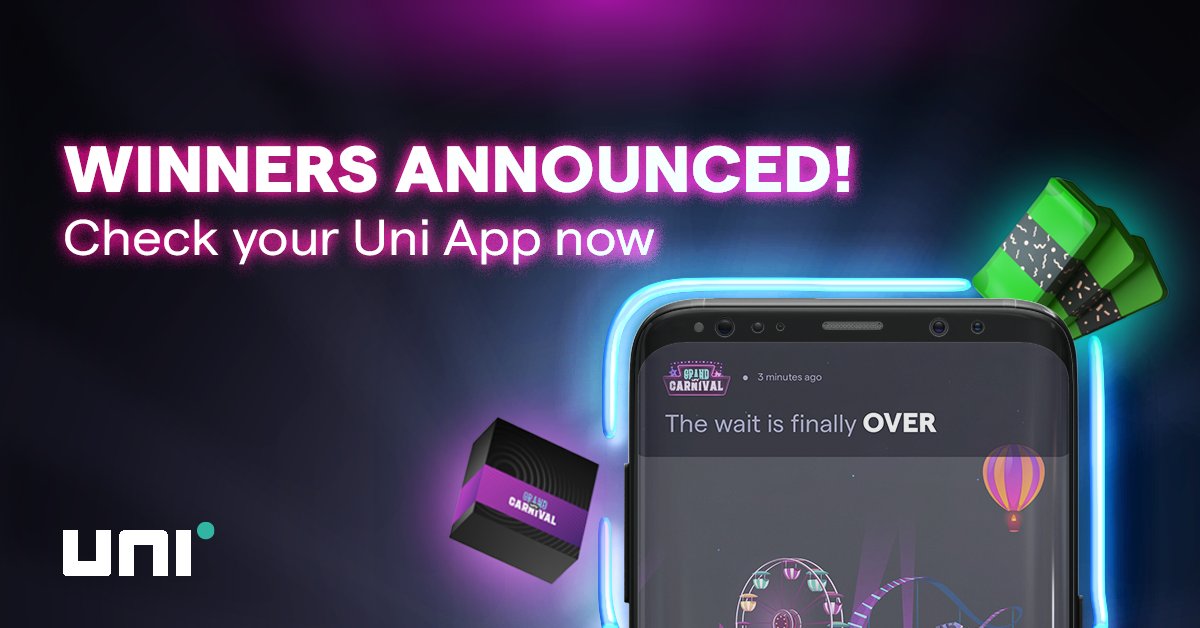 cards_uni's tweet photo. Winner Winner GUC Winner! 
The wait is finally over. 😍
If you haven’t checked your Uni app yet, go check your rewards in the #GrandUniCarnival and flaunt them. https://t.co/cwbrSEiEwv