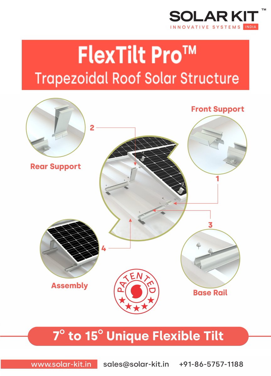 SolarKit_In's tweet photo. FlexTilt Pro (Trapezoidal Roof Solar Structure)

✓ Patented #SolarMountingStructure
✓ Saves upto 25% cost

Stock is ready to ship.

Contact : +91-8657571188 | sales@solar-kit.in

Order Now : https://t.co/sNuC1pZnJ6

#solarstructure #SolarMMS #solarkit https://t.co/hPnftUxWHX