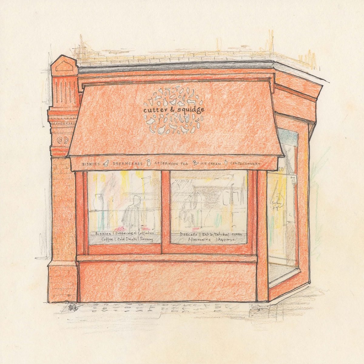 marianmartinart's tweet photo. My drawing of @cutter_squidge - ink and coloured pencil on bamboo paper. DM to order your original drawing! #art #artistsontwitter #illustration #bakery #shopfront #soho #shopindie #sketch #cutterandsquidge https://t.co/sZ7tjqxPy6
