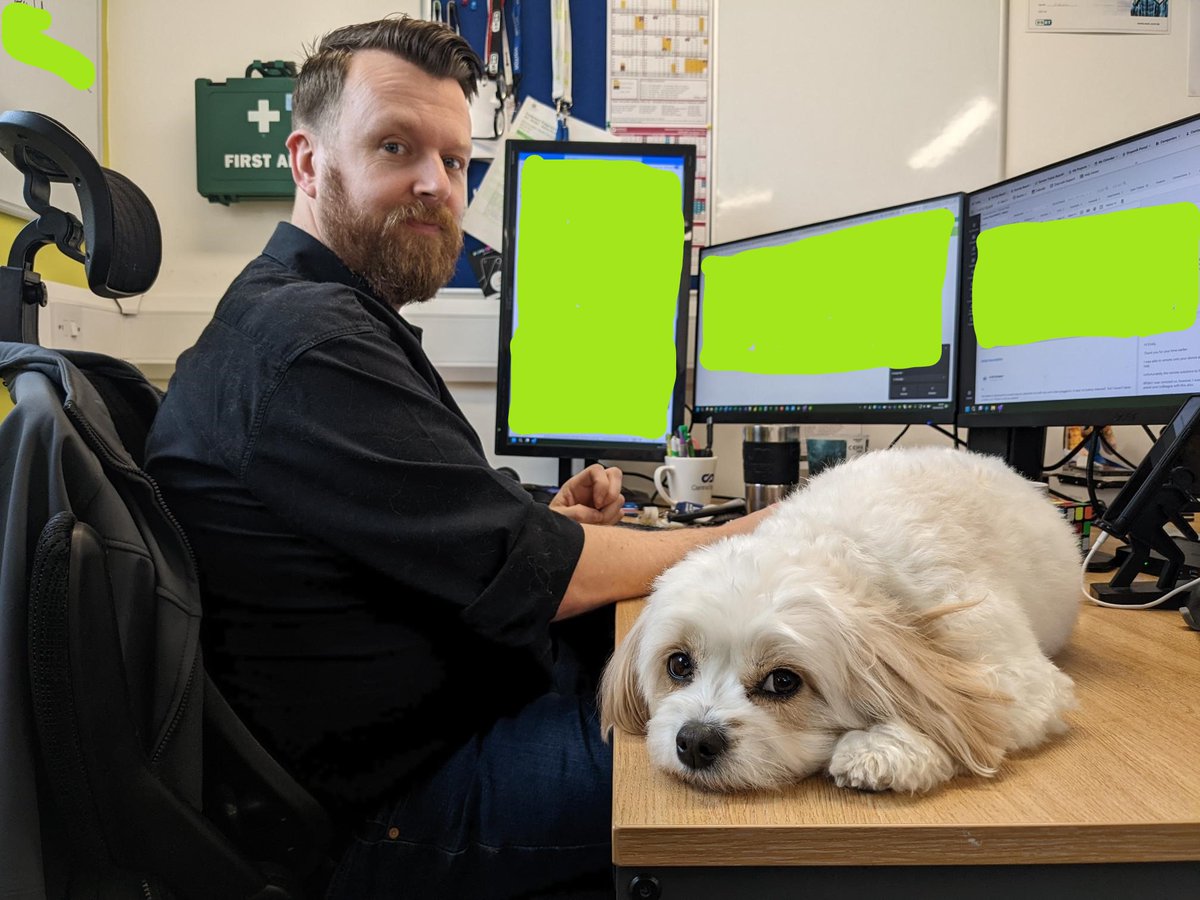 computeam's tweet photo. 🐶Everyone knows #DogsofTwittter gets max love 💚

🧩So here's a picture of Nutmeg hard at work 💚

( oh yes -  and our service delivery manager Paul !)

#dogsatwork #feelthecomputeamdifference #wellbeingwednesday https://t.co/CbGApsxiru