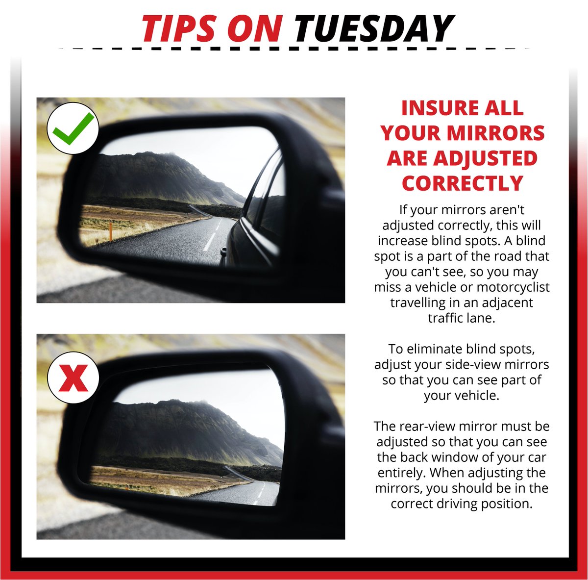 MasterDriveSA's tweet photo. Optimise your vision on the road by setting up your mirrors to their best position with the following tips.
#MasterDrive #AdvancedDriving #ArriveAlive #Roadsafety #sideviewmirrors #DefensiveDriving #correctseating https://t.co/YARjidrPjc