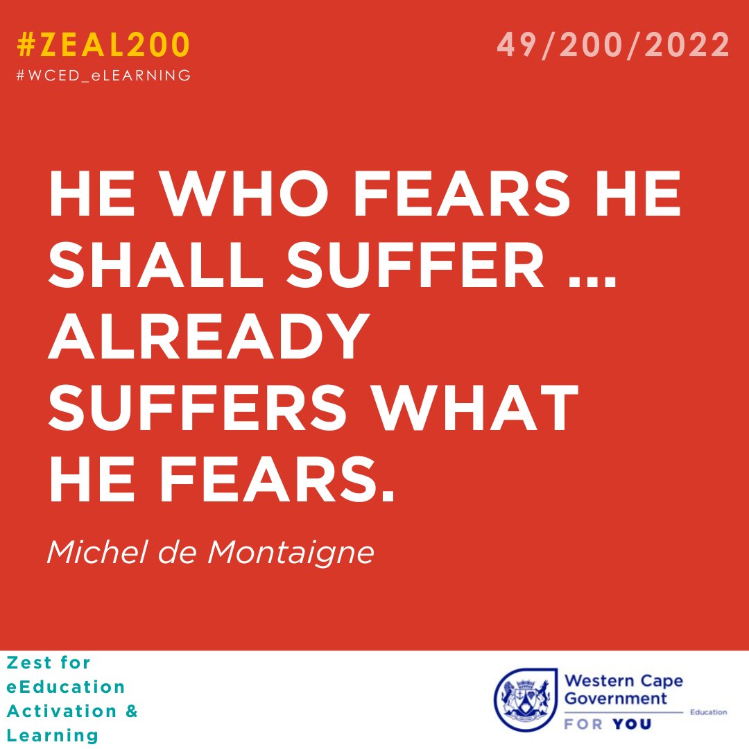 WCED_eCulture's tweet photo. #ZEAL200
Zest for eEducation Activation & Learning
Today marks DAY 49/200/2022
Remember:
"Whatever you choose to do, do it with Z.E.A.L"
Share your thoughts and experiences in the comments.
Don't forget to follow our hashtag!
#WCEDeLearning #elearning #wced https://t.co/oXQte8r3eH