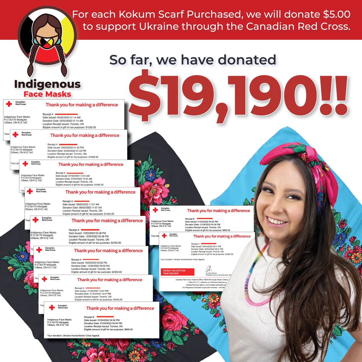 New Update! So far, we have donated $19,190!! 

For every Kokum Scarf purchased, we will donate $5.00 CAD to support Ukraine through the Canadian Red Cross. <a href="/redcrosscanada/">Canadian Red Cross</a> IndigenousFaceMasks.ca