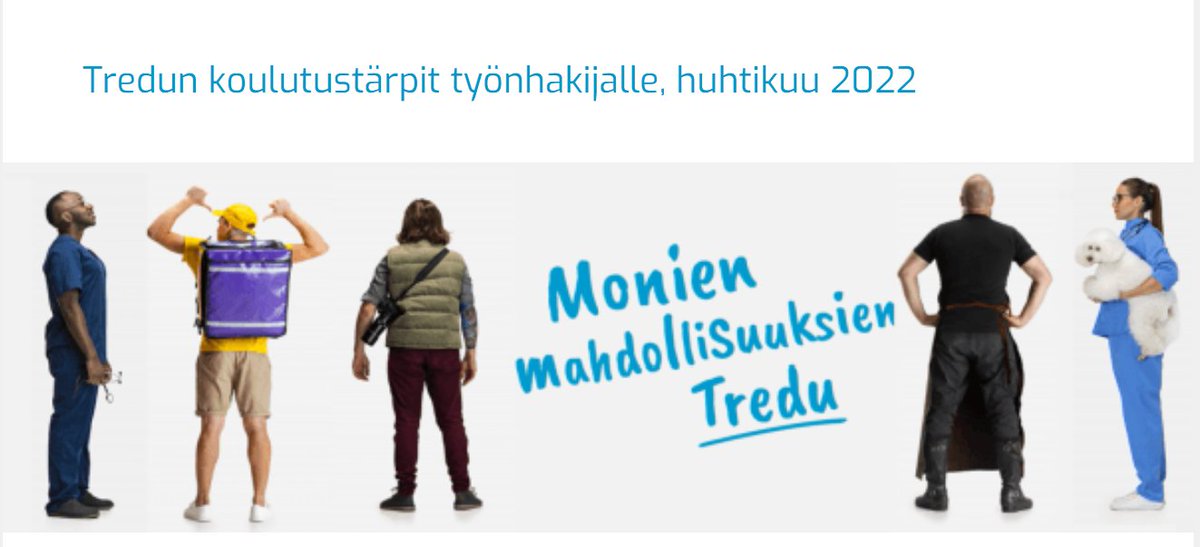 Huhtikuun koulutustärpit työhakijalle -uutiskirjeestä löydät laajan koosteen keväällä 2022 alkavista hyvin työllistävien alojen koulutuksista Tredussa. 
Mukana myös vinkkejä monipuolisista työnhakijoille suunnatuista palveluistamme. 
#tredu <a href="/tretyollisyys/">Tampereen kaupungin työllisyys- ja kasvupalvelut</a> bit.ly/3xccawX