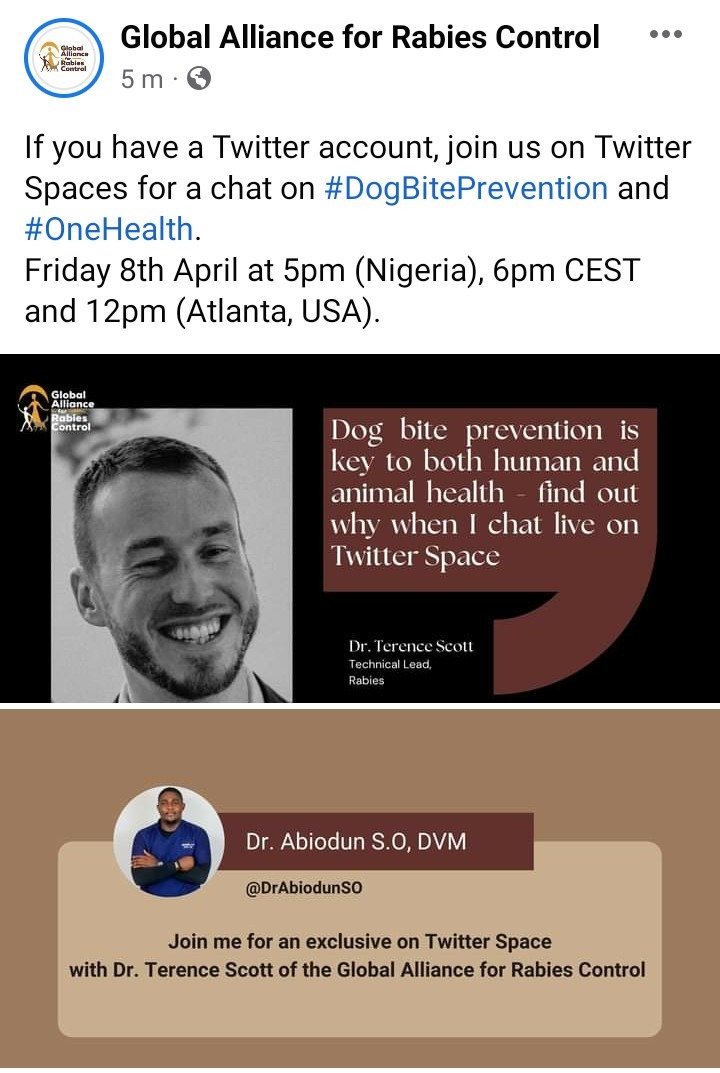 If you have a Twitter account, join @RabiesAlliance  on Twitter Spaces for a chat on #DogBitePrevention and #OneHealth. 
Friday 8th April at 5pm (Nigeria), 6pm CEST and 12pm (Atlanta, USA).