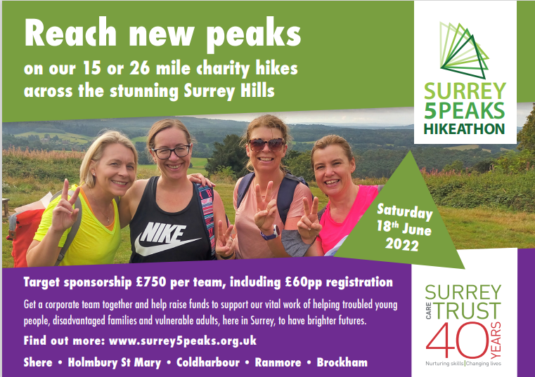 Registration is now open for the Surrey 5 Peaks Hikeathon.  Taking place on Saturday, 18 June walkers get to take in some of the #SurreyHills most breath-taking scenery all whilst raising money for 
<a href="/SurreyCareTrust/">Surrey Care Trust</a>. Registration link in bio. #5Peaks #SurreyCareTrust #Hikeathon