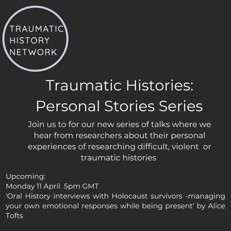 Join us next week for our new
            -Personal Stories Series -
To hear from researchers of traumatic, violent and challenging histories  
11 April at 5pm GMT on Zoom
<a href="/AliceTofts2/">Alice Tofts</a> will be talking about her interviewing Holocaust survivors.  
DM us for details on how to join