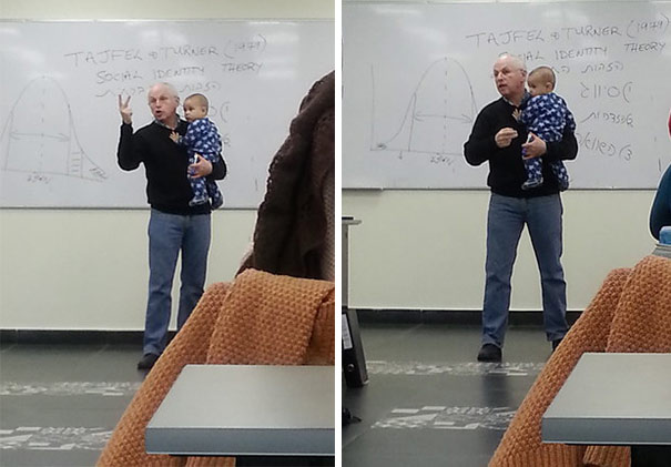 the_female_lead's tweet image. When a mom stood up to leave her lecture because her baby wouldn't stop crying, Professor Sydney Engelberg picked the baby up and continued teaching. Engelberg allows mothers to bring their children, so no mother should have to choose between a child and an education. ❤