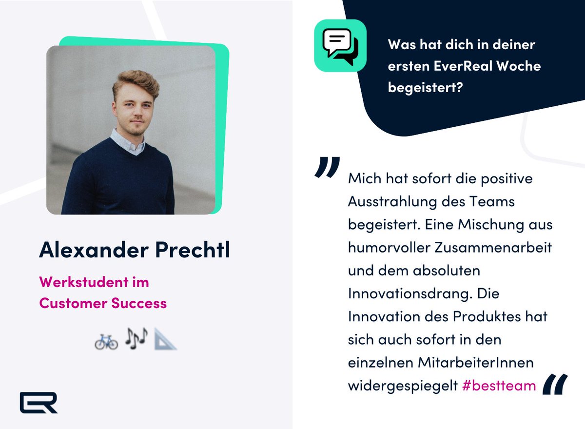 EverReal wächst weiter und weiter - Diese Woche stellen wir Ihnen einen weiteren Kollegen vor! 🤩 

Alexander Prechtl ist seit Oktober dabei und arbeitet im Team Customer Success als Werkstudent. Willkommen im Team!

#everrealvolution #teameverreal #customersuccess