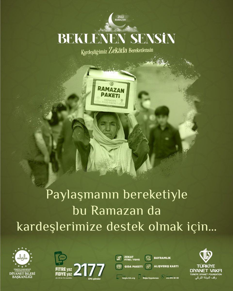DiyanetVakfi's tweet photo. Paylaşmanın bereketiyle bu Ramazan da kardeşlerimize destek olmak için…

#BeklenenSensin

Bu iyilik seferberliğine destek vermek için FİTRE veya FİDYE yazıp 2177'e SMS gönderebilir ya da https://t.co/oMTpeiVqmo adresinden online bağış yapabilirsiniz. https://t.co/R0wYlhrP9L