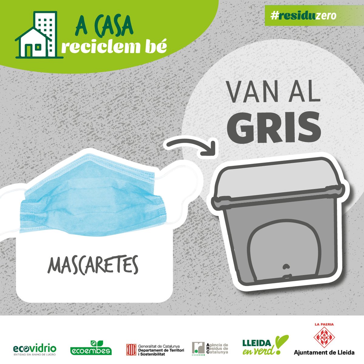 lleidaenverd's tweet photo. 😷♻ ️Saps on llençar les mascaretes usades? Es tracta de residus que no es poden reciclar i, per tant, van al contenidor gris. Ho sabies? A casa, #reciclembé! 

#JoFaigLleidaenVerd  #ResiduZero https://t.co/Y69wJQu6yI