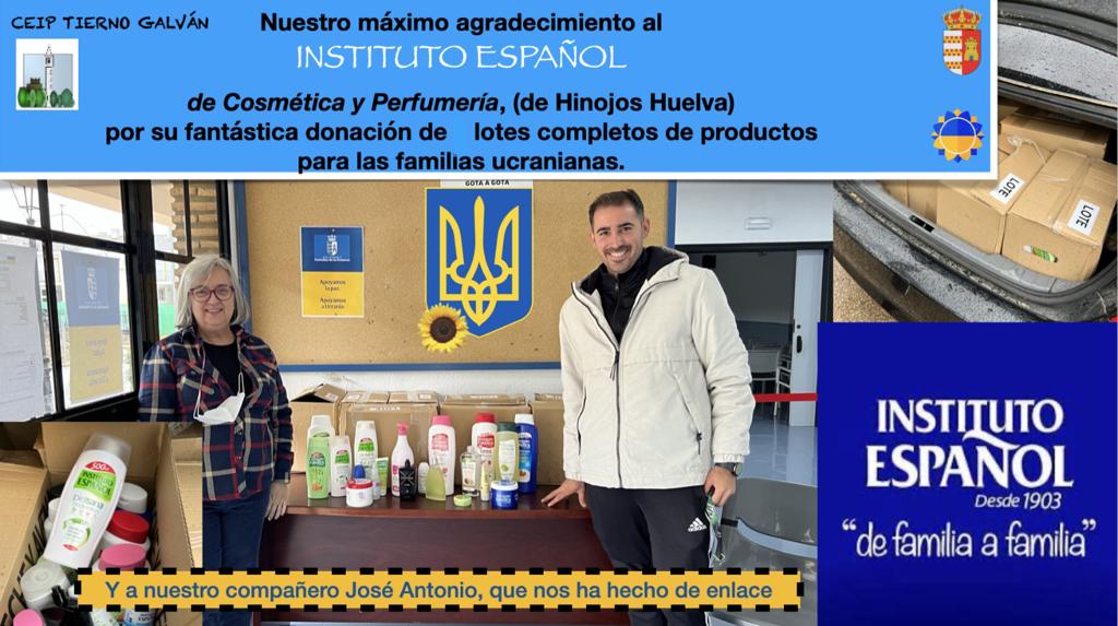 Desde el CEIP Tierno Galván queremos hacer público nuestro agradecimiento al Instituto Español por la donación de diferentes lotes de productos para las familias ucranianas. También a agradecer a nuestro compañero <a href="/josancamacho/">José Antonio Camacho González</a> por hacer de enlace.
