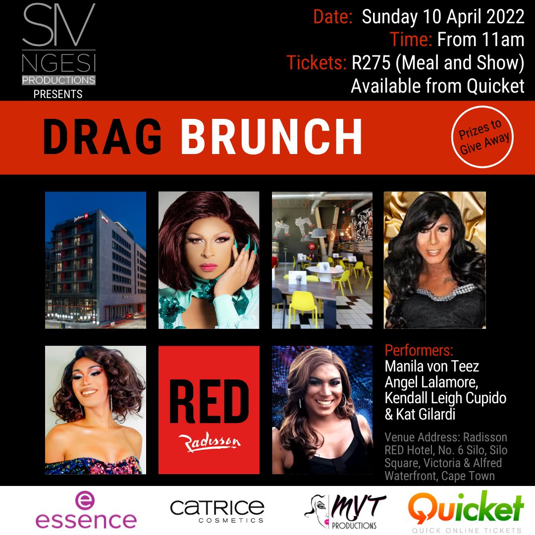 Do You have your Tickets to the Drag Brunch 
<a href="/RadissonRed/">Radisson RED</a> Cape Town 10 April! with 
<a href="/ManilaVonTeez/">Manila von Teez</a> 
<a href="/kat_carl/">Kat Gilardi</a> 
<a href="/angel_9021/">Angel lalamore</a>
#kendallleighcupido

Tickets <a href="/QuicketSA/">Quicket South Africa</a>
 
<a href="/MvtProductions/">MVT Productions</a> <a href="/iamSivN/">Siv Ngesi</a> <a href="/CatriceSA/">CATRICE South Africa</a> <a href="/Essence/">ESSENCE</a> 

 qkt.io/aGgTy8