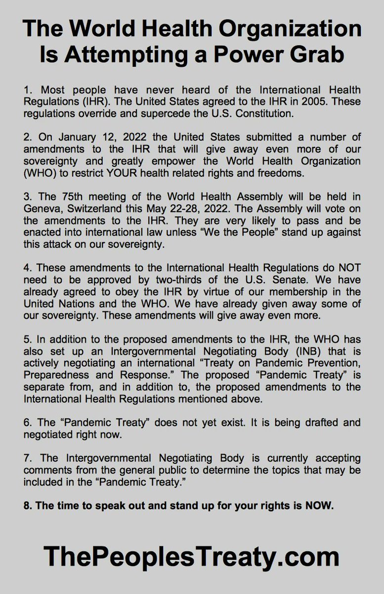 james_freeman__'s tweet photo. @DrTedros @WHO @SecYellen We need to talk about the @WHO and its intended power grab NEXT MONTH
#StopTheTreaty #WithdrawFromWHO
This summary is from a US perspective, but the power grab is over ALL countries signed-up to the WHO 👇 https://t.co/HkjhL6gH4h
