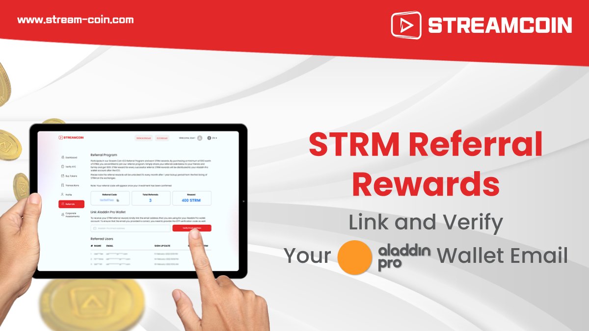 streamcoin_strm's tweet photo. 🗣 Link and verify your @Aladdinpro_ email in order to receive the $STRM #rewards from the #referralprogram.

🗣 Participants who invested $50 or more worth of $STRM from the #StreamCoin Public Sale will be qualified to join the #referral program &amp; get 100% $STRM rewards. https://t.co/ta5xp22kil