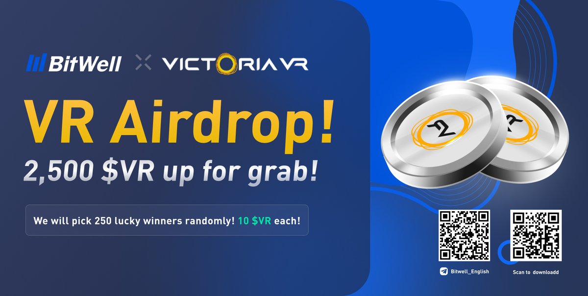BitwellGlobal's tweet photo. 🎉To celebrate @victoriavr listing, we’re giving 2,500 $VR away! 
 
1⃣ Follow @BitwellGlobal &amp; @victoriavr 
2⃣ Like &amp; RT and Tag 3 frds
3⃣Join https://t.co/H9GkH7lsLv
4⃣Fill in https://t.co/yVn6LLFZYM
 
✨ 250 winners receive 10 $VR each!
⏰ Ends at 11:00 AM SGT 04/15/2022 https://t.co/TgTg7f2ilT
