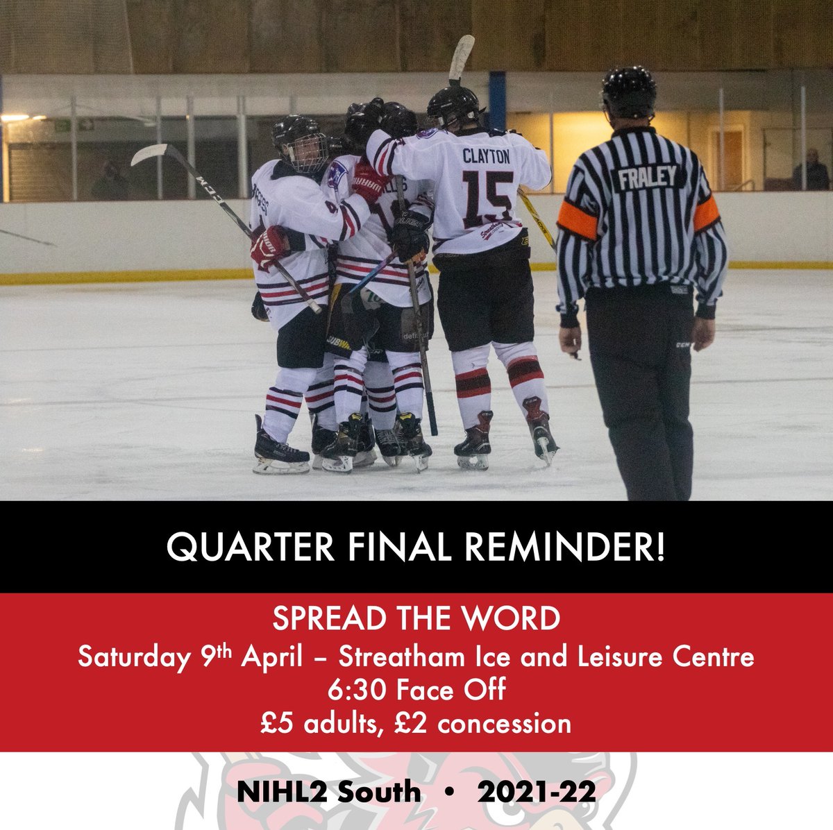 Reminder: your Streatham Black Hawks are playing the <a href="/InvMustangs/">Invicta Mustangs</a> this weekend in their NIHL2S Quarter final match up.

Spread the word and come on down to support the Black Hawks for what will be their final home game of the season!

#Streatham #NIHL2 #icehockey