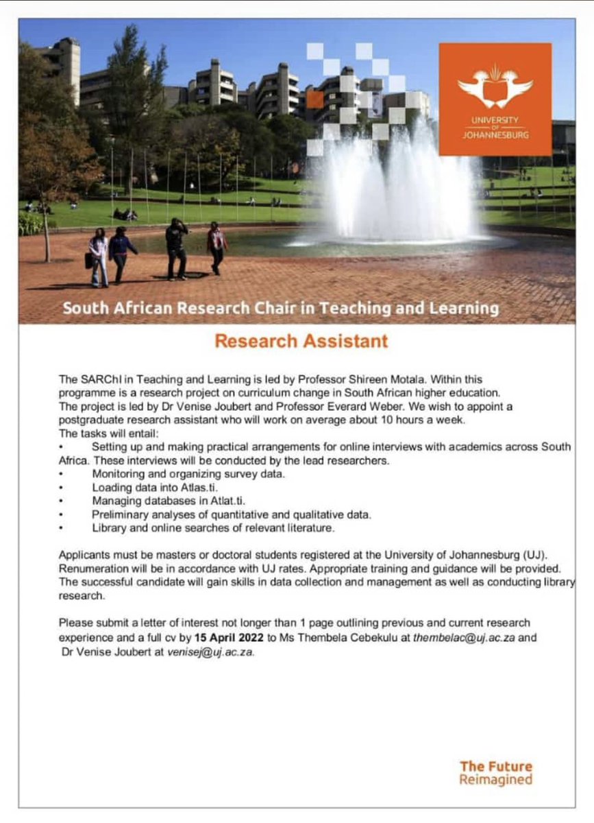 UJPGFORUM's tweet photo. ATTENTION PGF FAMILY ‼️

Here is an employment opportunity for masters or doctoral students 💃🏽
.
.
#ujpostgraduateforum #ujalumni #jobopportunity 

@go2uj @UJScience @UJAccountancy @UJLibrary @UJSRC2021 @ujfm https://t.co/OMFyTfTmMN