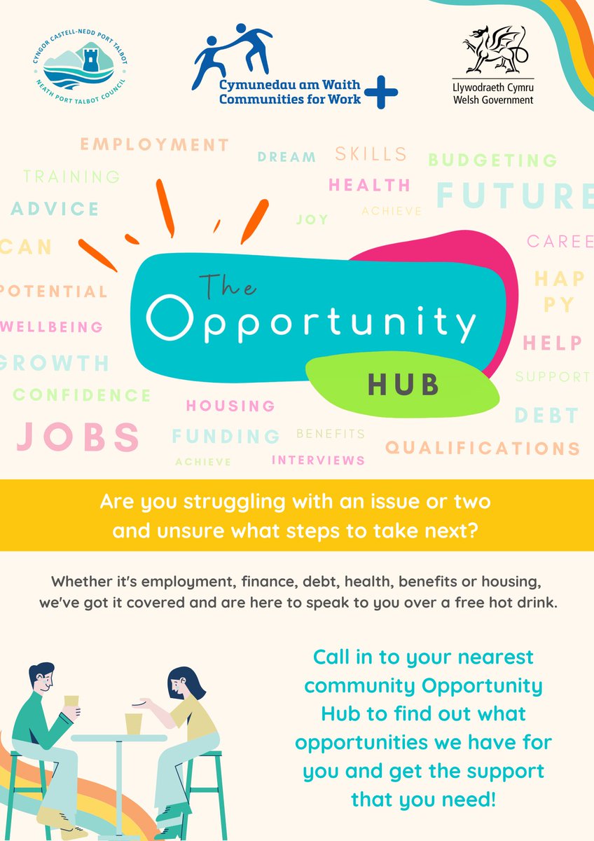 cfwplusnpt's tweet photo. Are you looking for employment or funded training?

Are you feeling isolated or  struggling with an issue or two that you'd like help with?

Call in to our Opportunity Hubs today and speak to one of the team over a free hot drink!😊🌈

#cfwplus #nptcbc #nptcfwplus #jobs #support https://t.co/xtrmr8OWmM