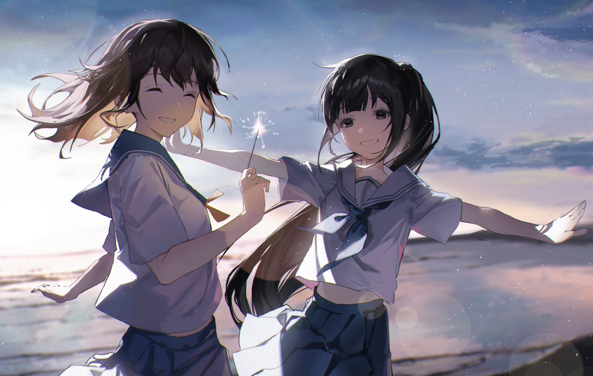 sparkler multiple girls 2girls school uniform skirt serafuku smile  illustration images