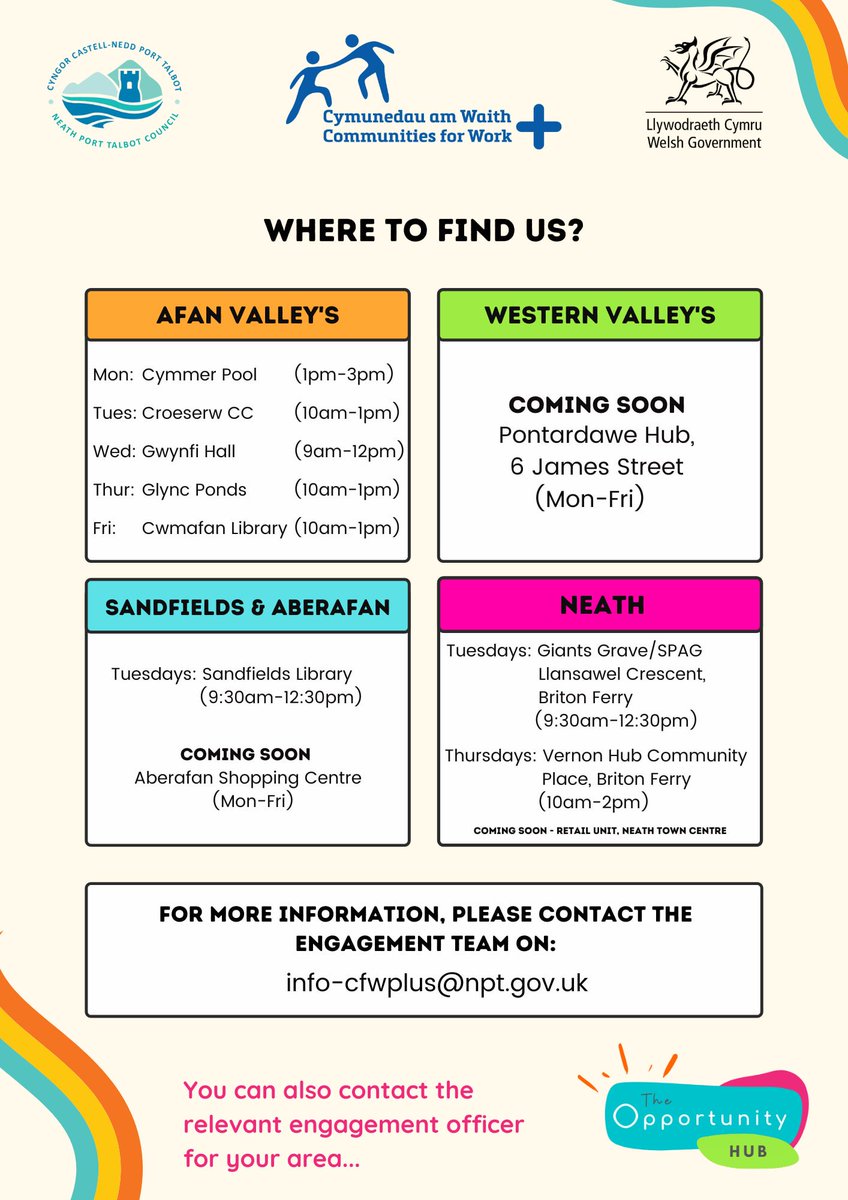 cfwplusnpt's tweet photo. Are you looking for employment or funded training?

Are you feeling isolated or  struggling with an issue or two that you'd like help with?

Call in to our Opportunity Hubs today and speak to one of the team over a free hot drink!😊🌈

#cfwplus #nptcbc #nptcfwplus #jobs #support https://t.co/xtrmr8OWmM