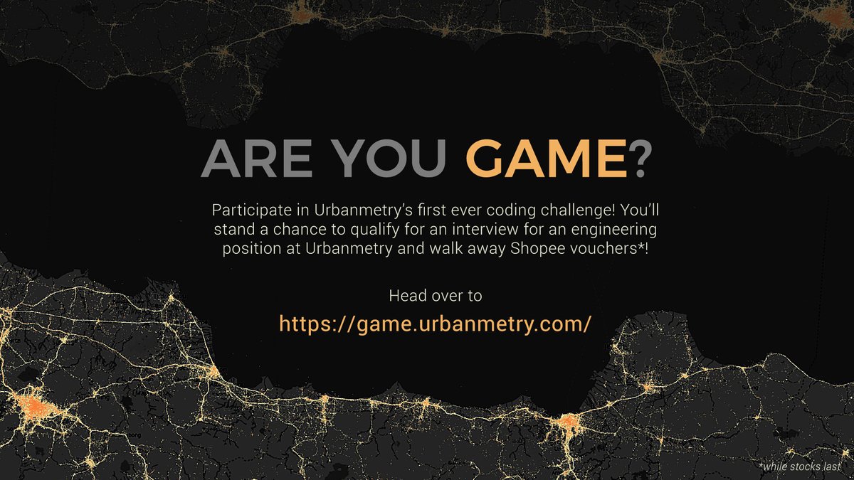 Nail our coding challenge and stand a chance to win Shopee vouchers and an interview for an engineering position at Urbanmetry!

Do the challenge here: game.urbanmetry.com

#codingchallenge #coders #techninjas