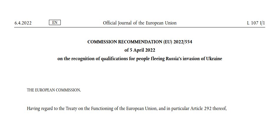 MaFrischhut's tweet photo. #InTodaysOJ on @EURLex Commission Recommendation of 5 April 2022 on the #RecognitionOfQualifications for people fleeing Russiaโs invasion of #Ukraine | recital 22 and pts. 16-17 on #HealthCare
@EUPHActs @HealthLawLund @EAHLaw @EAHL_IGBiolaw @Petelos1
https://t.co/VcF9qzZCvD https://t.co/GPJkpn2fwG