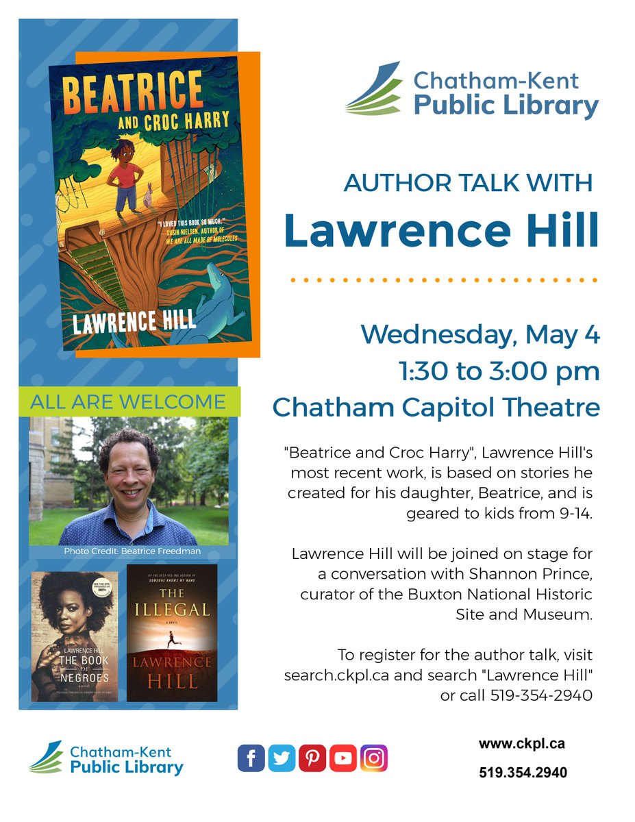 📚 Tania (<a href="/ckplbookworm/">Tania Sharpe</a>) chats with #CKMORNINGS at 6:55 about author Lawrence Hill's visit to C-K in May.

#ckont @cklibrary <a href="/MunicCK/">Municipality of Chatham-Kent</a> #CKMORNINGS