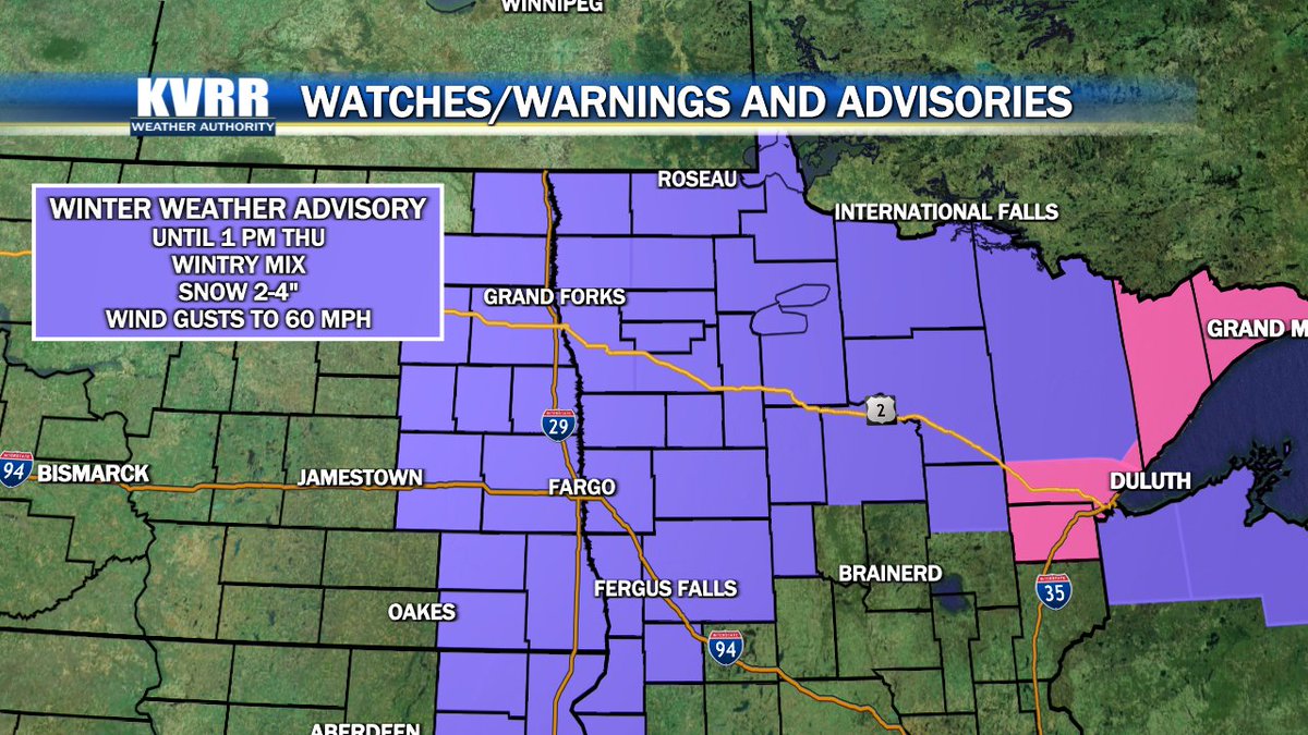 WxWithMarshall's tweet photo. Our Winter Weather Advisory lasts into tomorrow afternoon.  For Wednesday most of our mix will stay as rain with some snow.  Through Wednesday night that rain will turn to snow and accumulate 2-4" in most of the area.  Stay in the know with us on @KVRRTV at 7.  #ndwx #mnwx https://t.co/pwwjdaqYj9