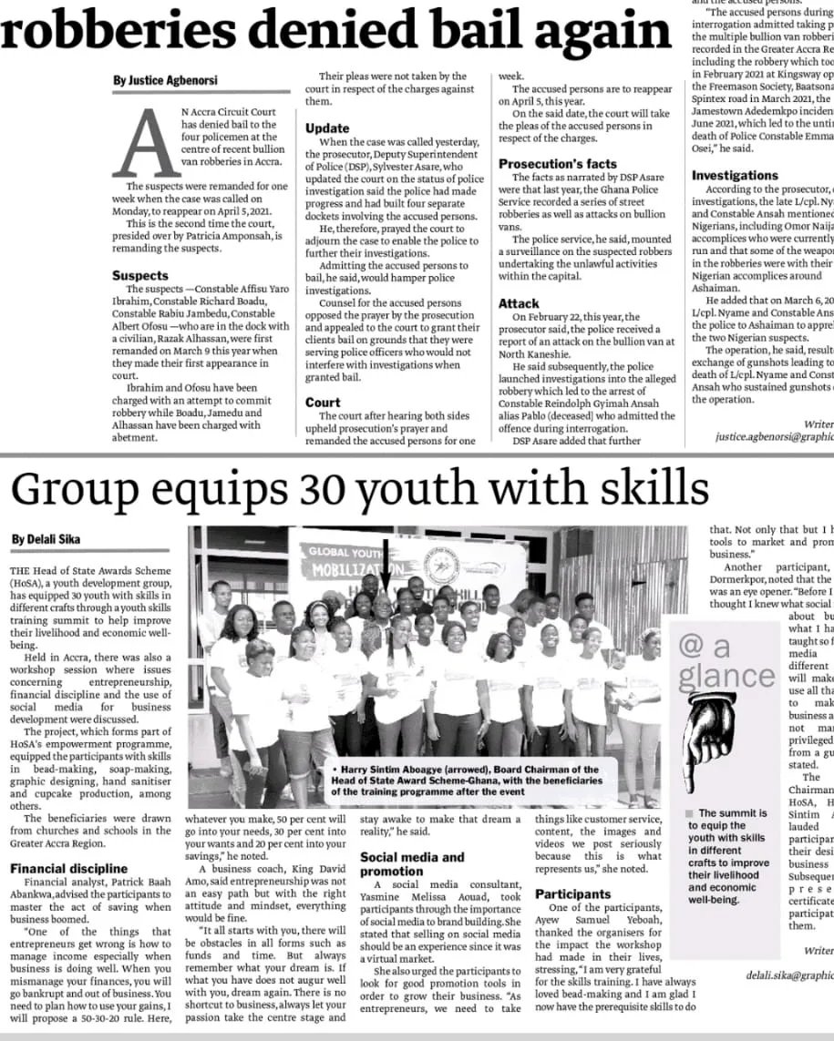 HOSAGHANA's tweet photo. Press Alert!
The HoSA Youth skills training and summit program as reported by https://t.co/sqT7UCVMsk and @graphic.com.gh 
#hosaghana 
#developingyoungpeople 
#WORLDREADY https://t.co/tduWNg2GWH