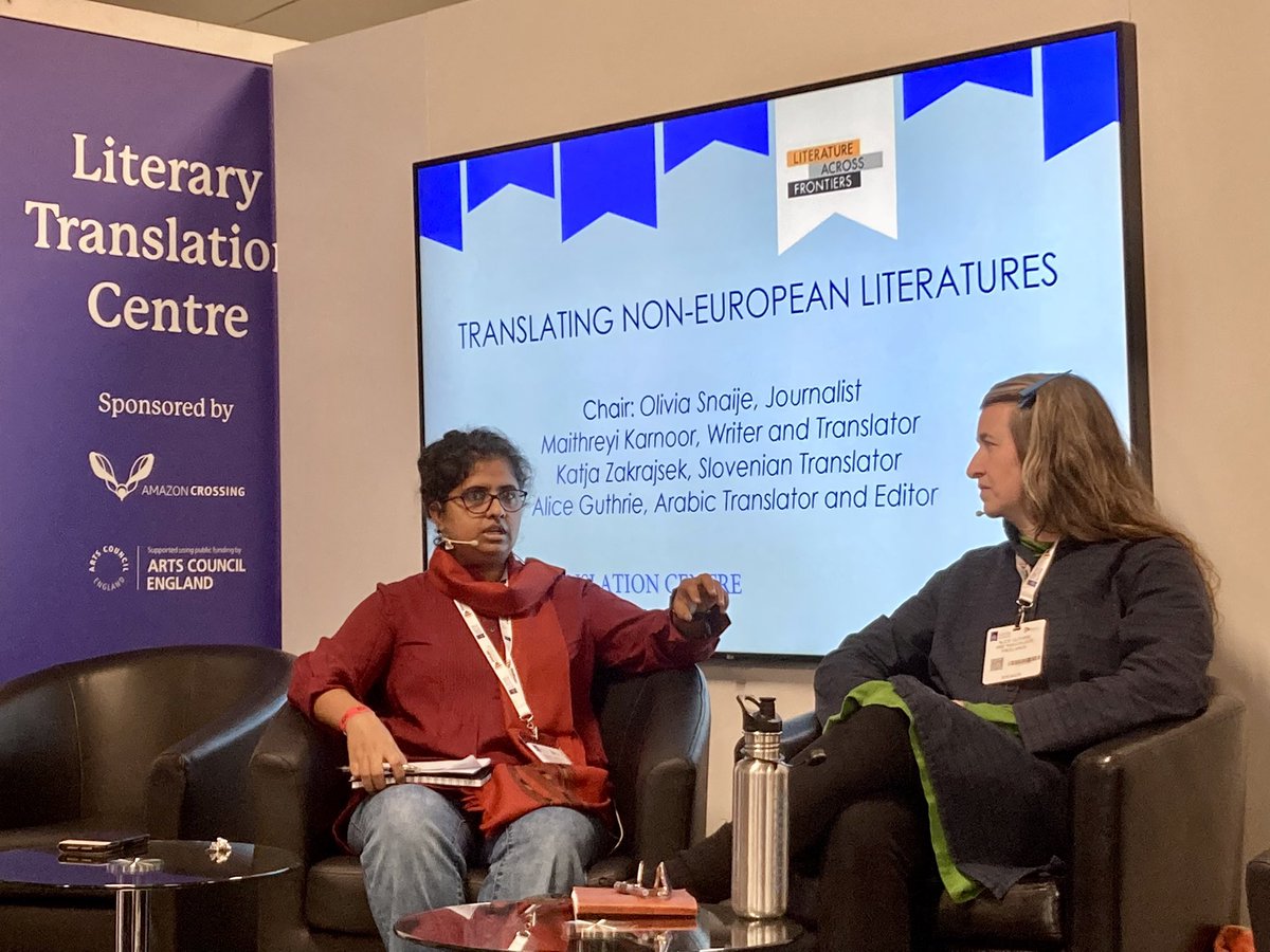 BuchlerAlex's tweet photo. Interesting conversation about translating non-European literatures at the Literary Translation Centre with @MaitreyiKarnoor, Alice Guthrie and Katja Zakrajšek, moderated by the legendary @oliviasnaije and organised by @MakingLitTravel. https://t.co/v7KZkzJz3u