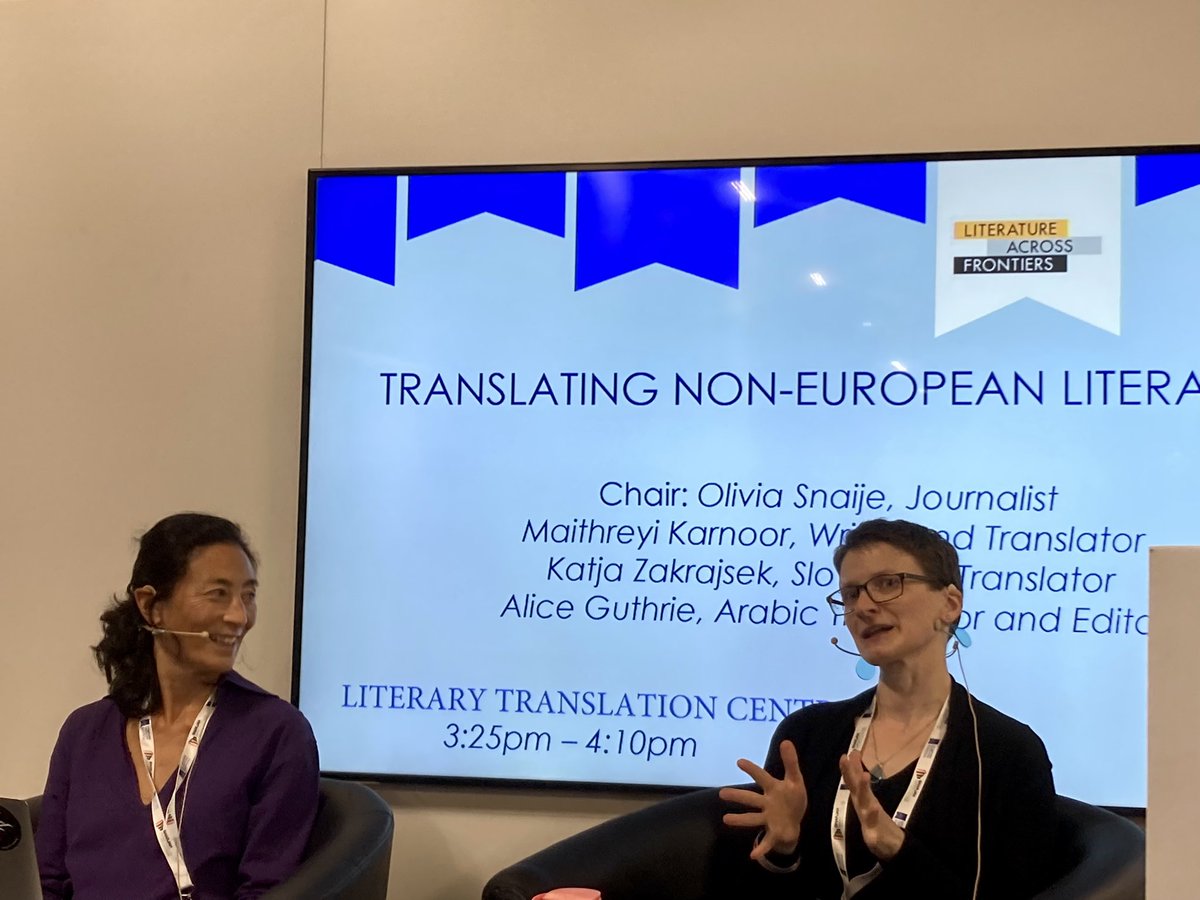 BuchlerAlex's tweet photo. Interesting conversation about translating non-European literatures at the Literary Translation Centre with @MaitreyiKarnoor, Alice Guthrie and Katja Zakrajšek, moderated by the legendary @oliviasnaije and organised by @MakingLitTravel. https://t.co/v7KZkzJz3u
