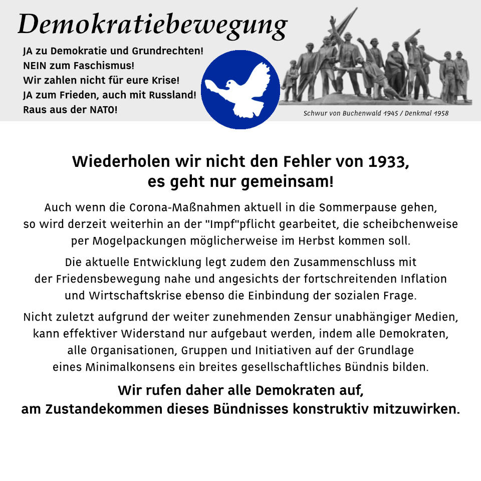 Wiederholen wir nicht den Fehler von 1933, es geht nur gemeinsam!