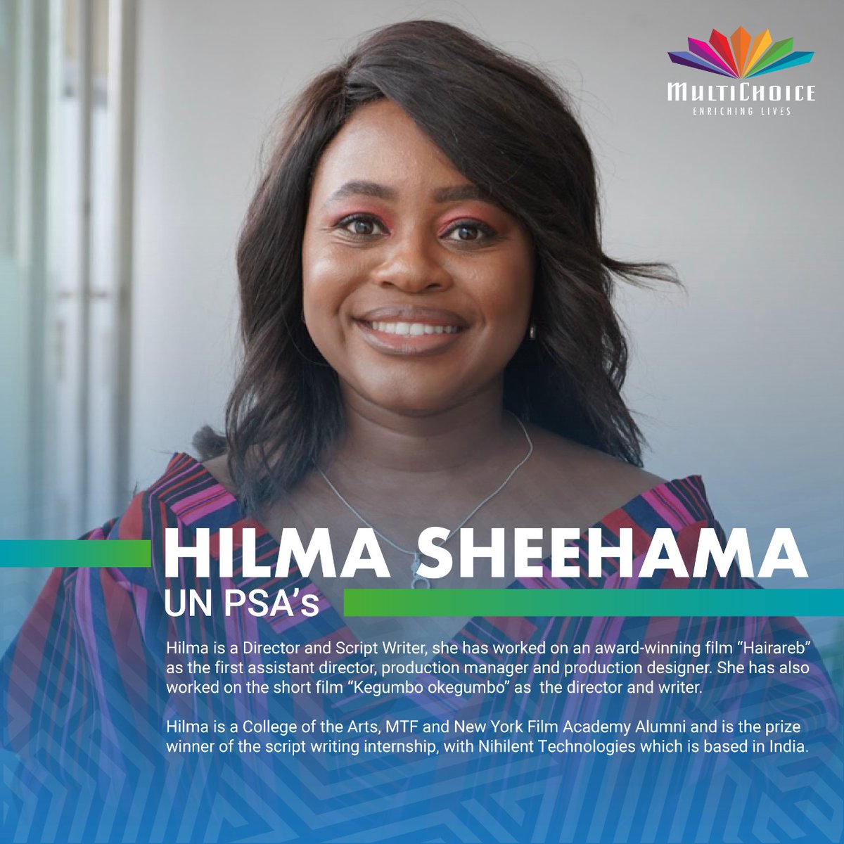 MultiChoiceGRP's tweet photo. Meet Hilma Sheehama, a writer and director who is an MTF alum and was part of the team that put together the UN PSA.  We are proud of the brilliance that Hilma has brought to the table in this project.​
​
Remember to always protect yourself.​
​
#OnlyTogether https://t.co/A4B9PvIy3e