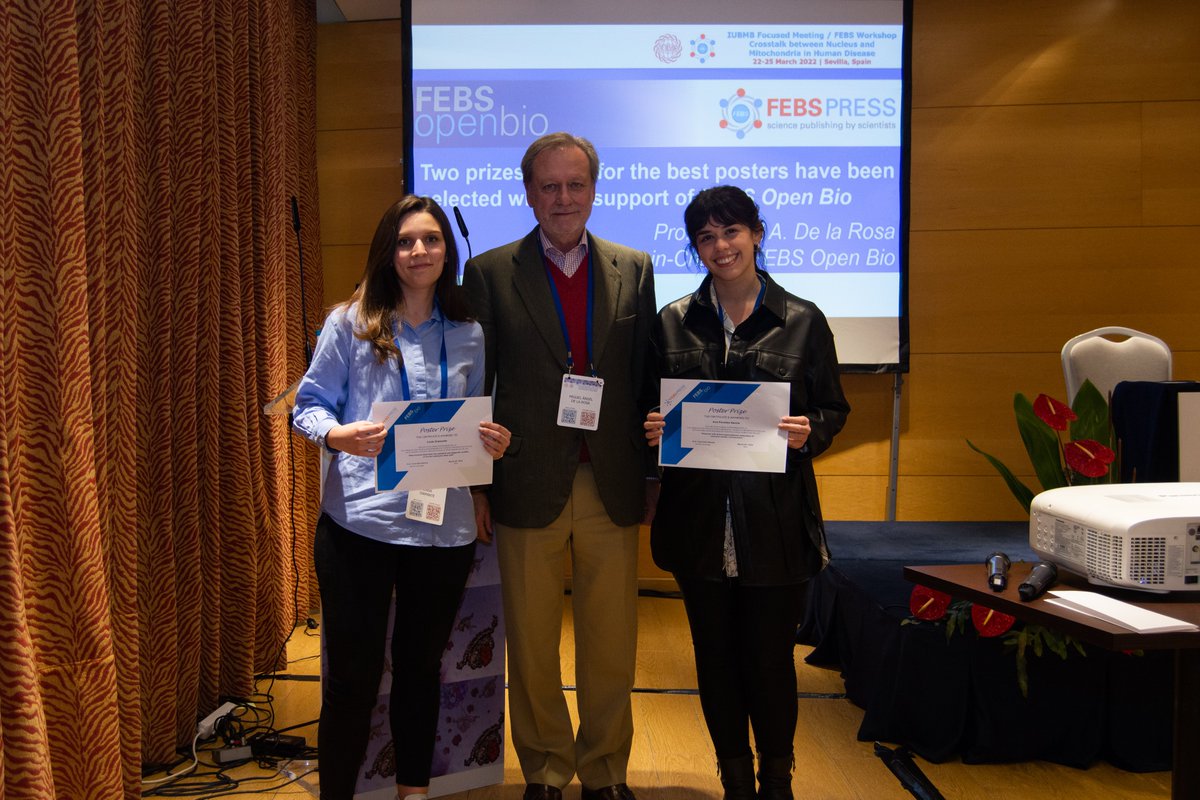 FEBSOpenBio's tweet photo. 🍾Congratulations to the winners of the @FEBSOpenBio poster prizes at the IUBMB Focus Meeting/FEBS Workshop "Crosstalk between Nucleus and Mitochondria in Human Disease" in Seville, Spain

🎉Linda Diamante and 

🎊Ana Paredes García 

@FEBSnews #FEBSnet #CrossMitoNus https://t.co/4bnpTHlTr6